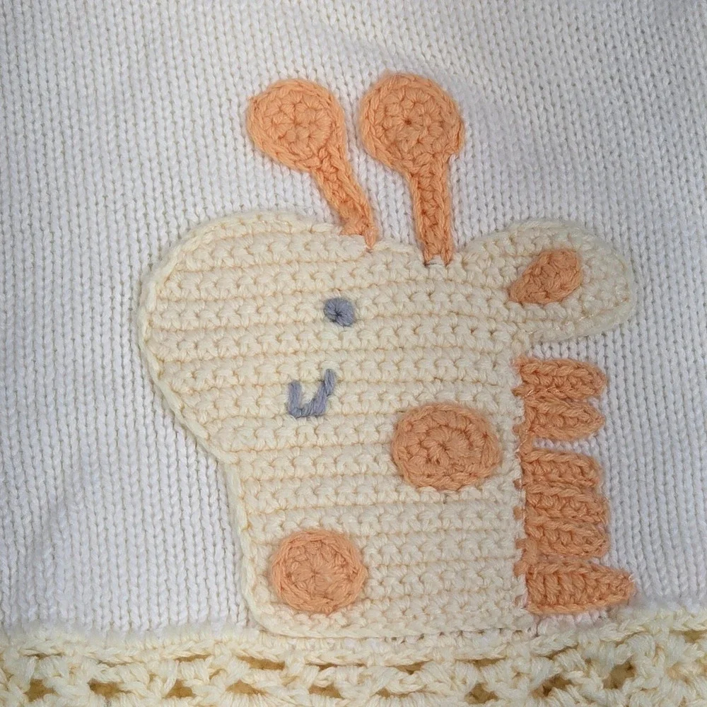 Gerber Baby Blanket Cream Knit Sweater Crochet Lace Trim Giraffe Patch Cotton